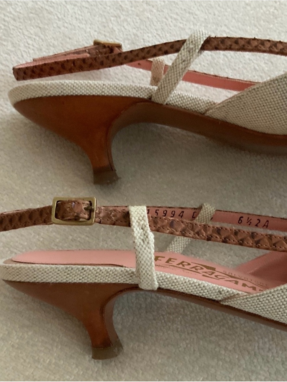 Salvatore Ferragamo White and Brown Pointed Slingback Mules - Picture 6 of 7
